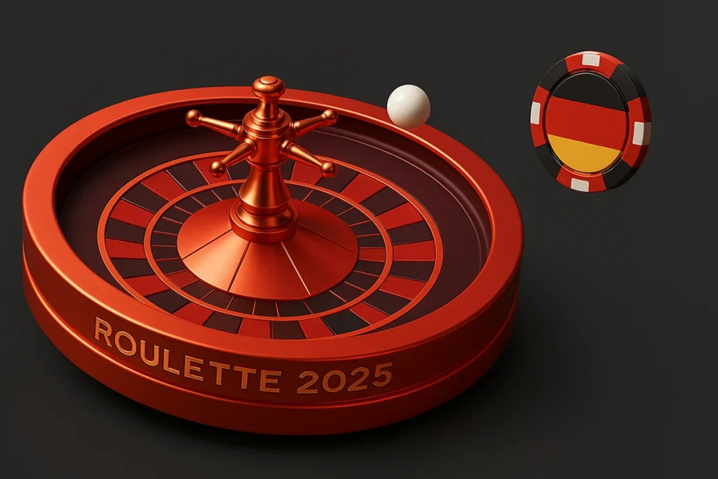 Online Roulette Deutschland - Roulette-Kessel mit deutschen Flaggenfarben und Chips auf einem eleganten Casino-Tisch